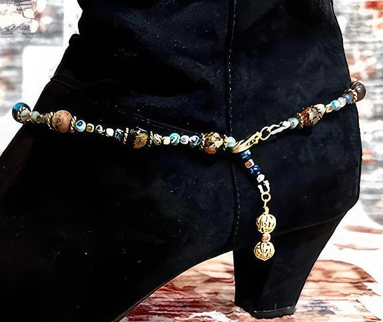Boho-style blue and gold beaded boot anklet