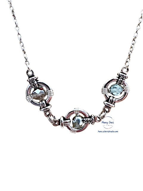 Czech fire-polished faceted glass beads hand wired in silver circles necklace