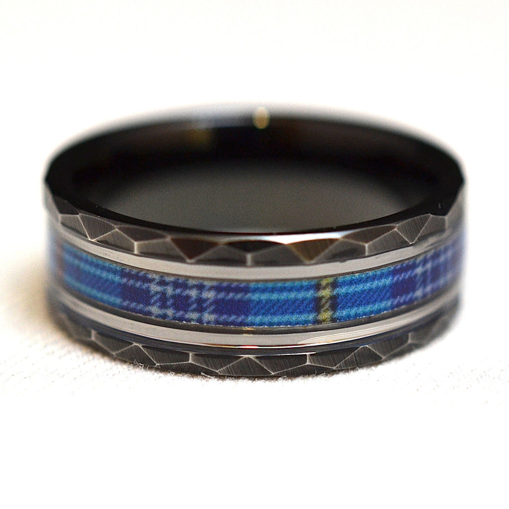 Hand-burnished black hammered tungsten ring with The Citadel tartan inlay and white gold-plated accent bands