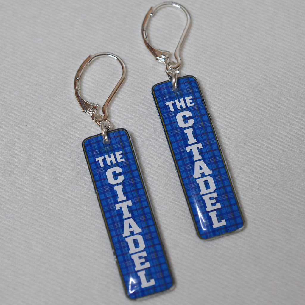 Double-sided rectangular Citadel tartan earrings handmade by Nancy Davis Studio
