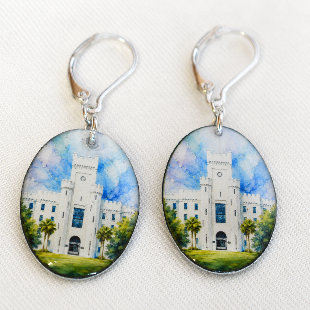 Double-sided Padgett-Thomas Barracks Citadel earrings handmade by Nancy Davis Studio