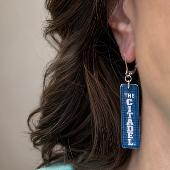 Double-sided rectangular Citadel tartan earrings handmade by Nancy Davis Studio, on a model