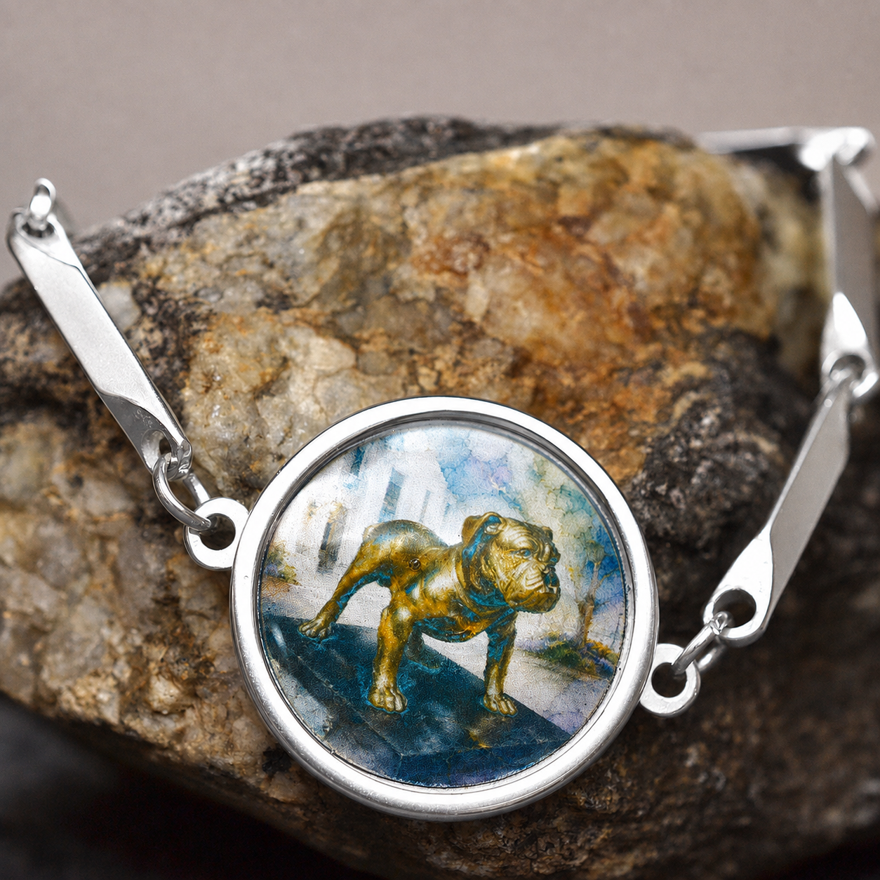 Bulldog Statue Citadel bracelet with sculptural surgical stainless steel links