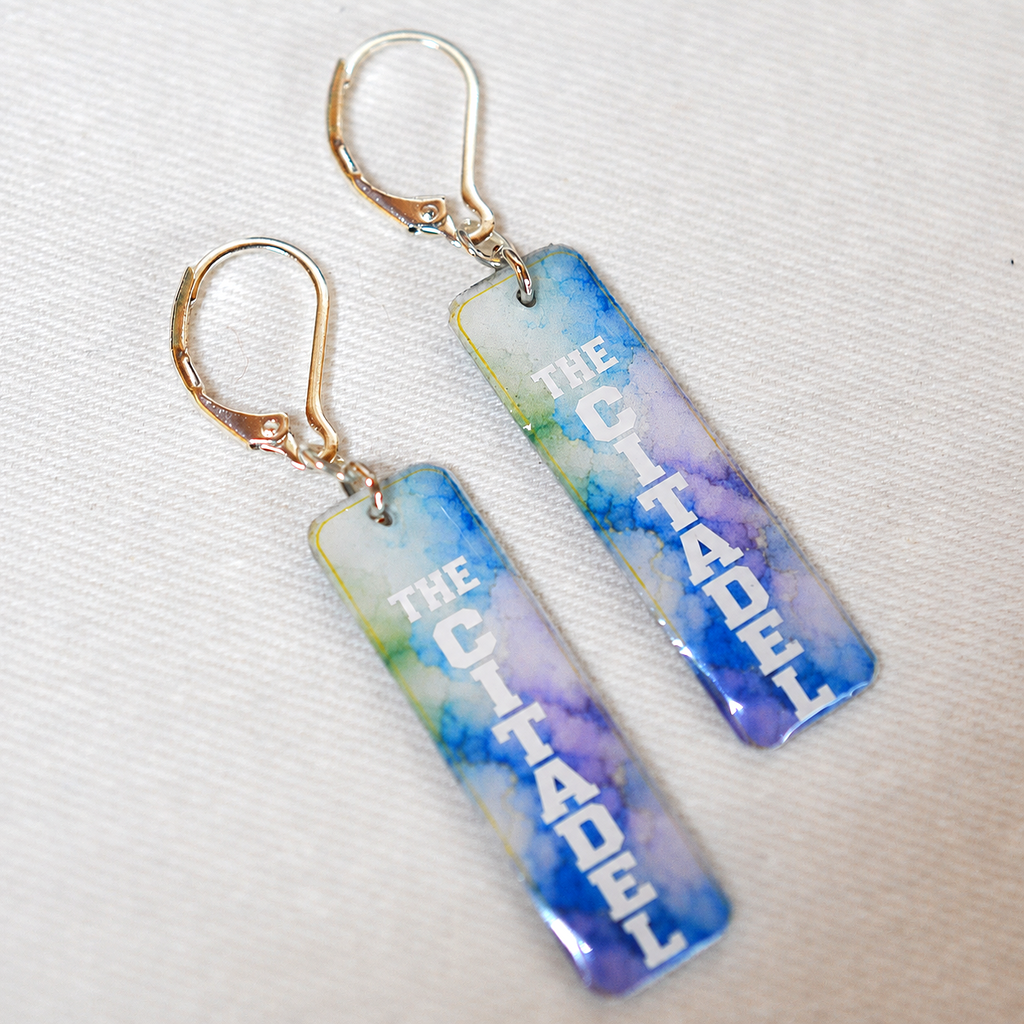Double-sided Citadel earrings with blue and lavender Traditions Series artwork