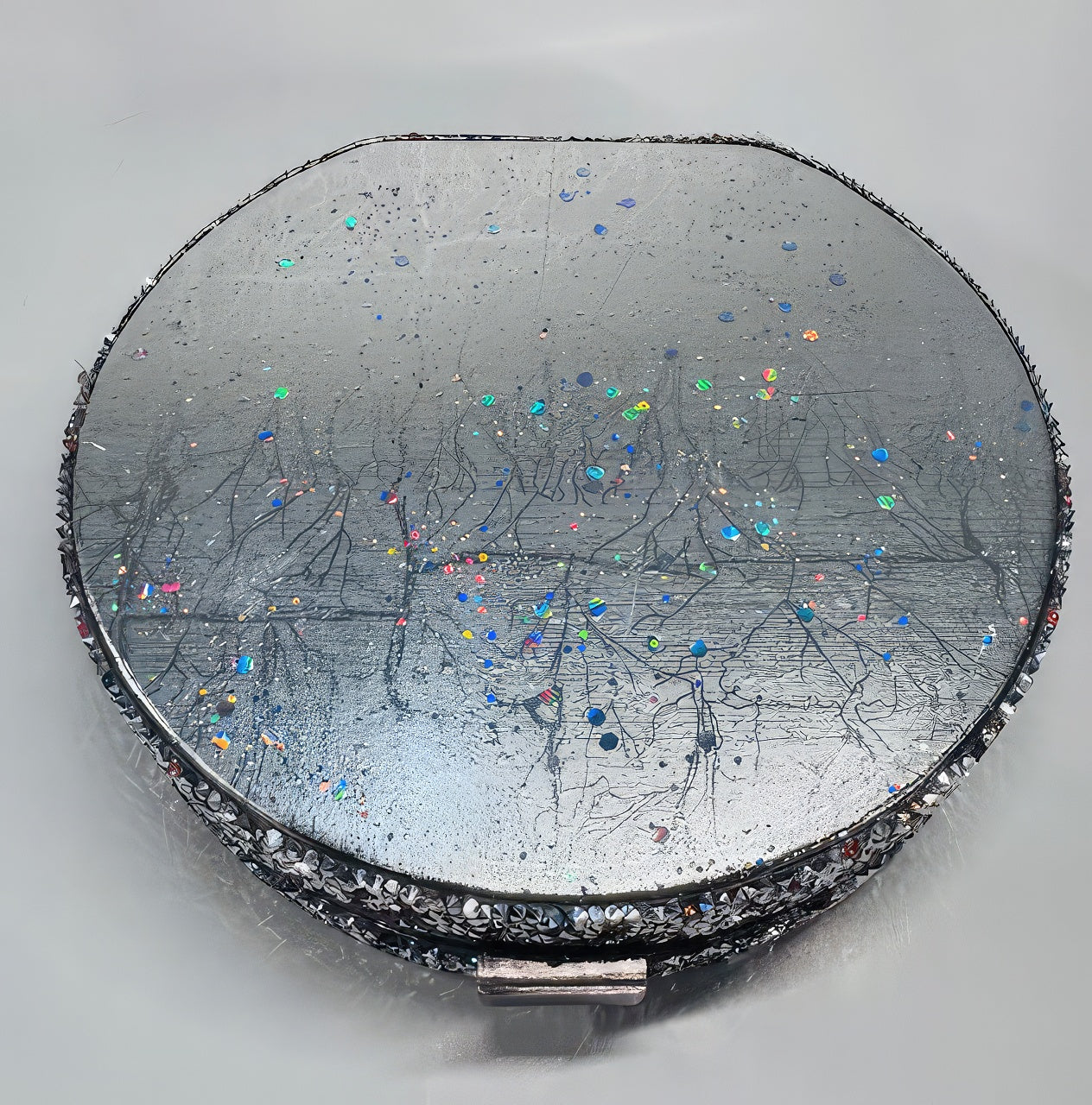 A round silver cross-body purse with multicolored faux stone embellishments and a metallic finish.