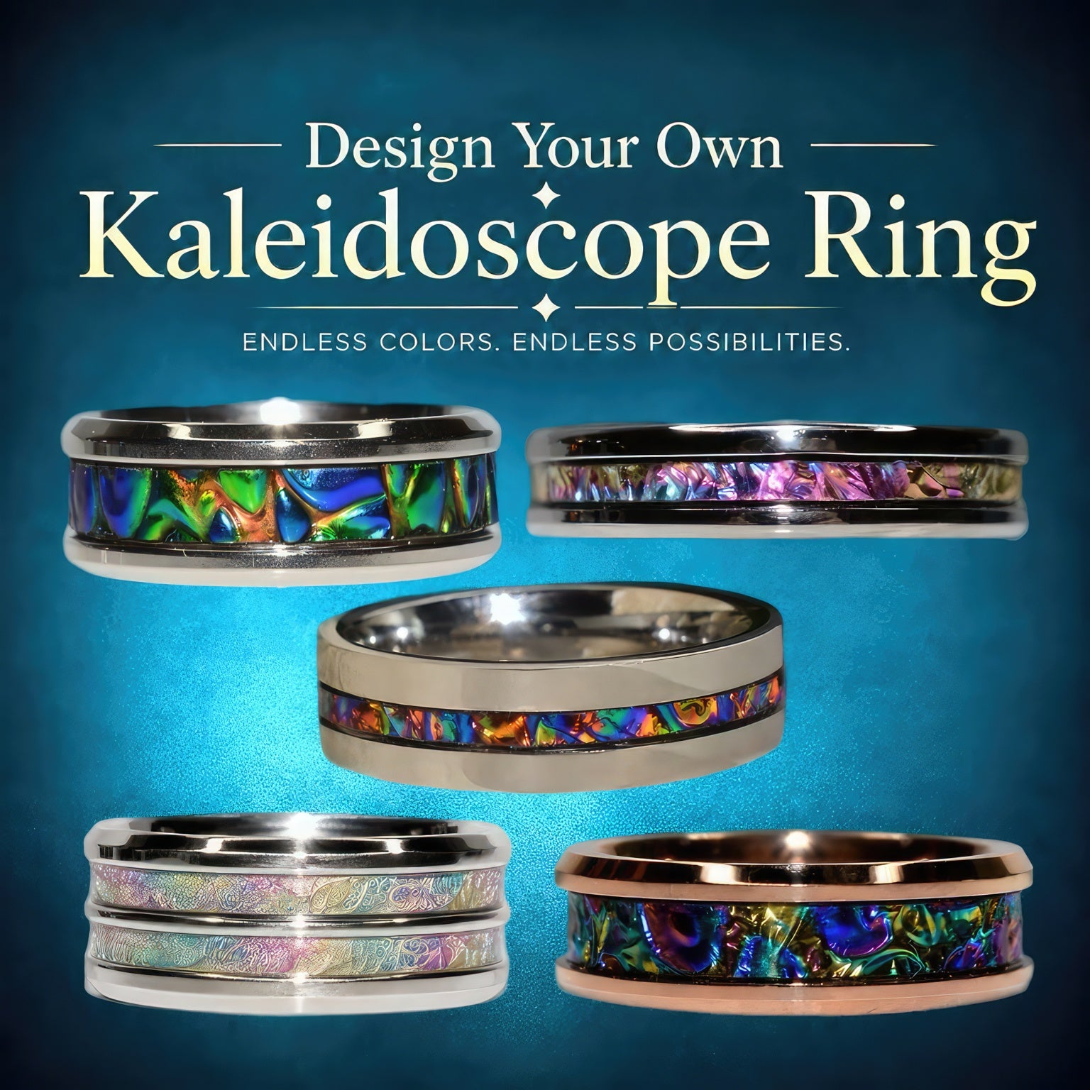Lumina Kaleidoscope Ring handmade dichrolam inlay rings in five stainless steel styles with six color options