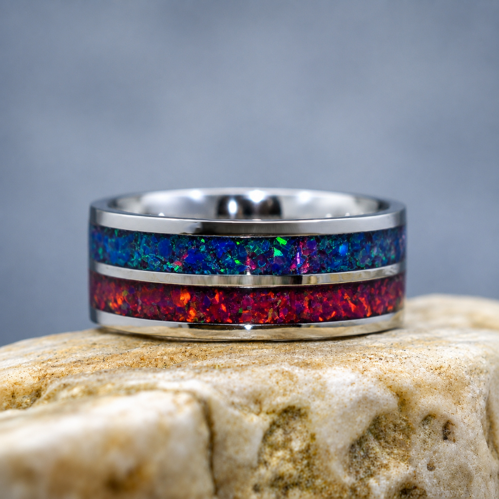 Handmade two-channel opal inlay ring featuring blue and red crushed opal in a polished stainless steel comfort-fit band.
