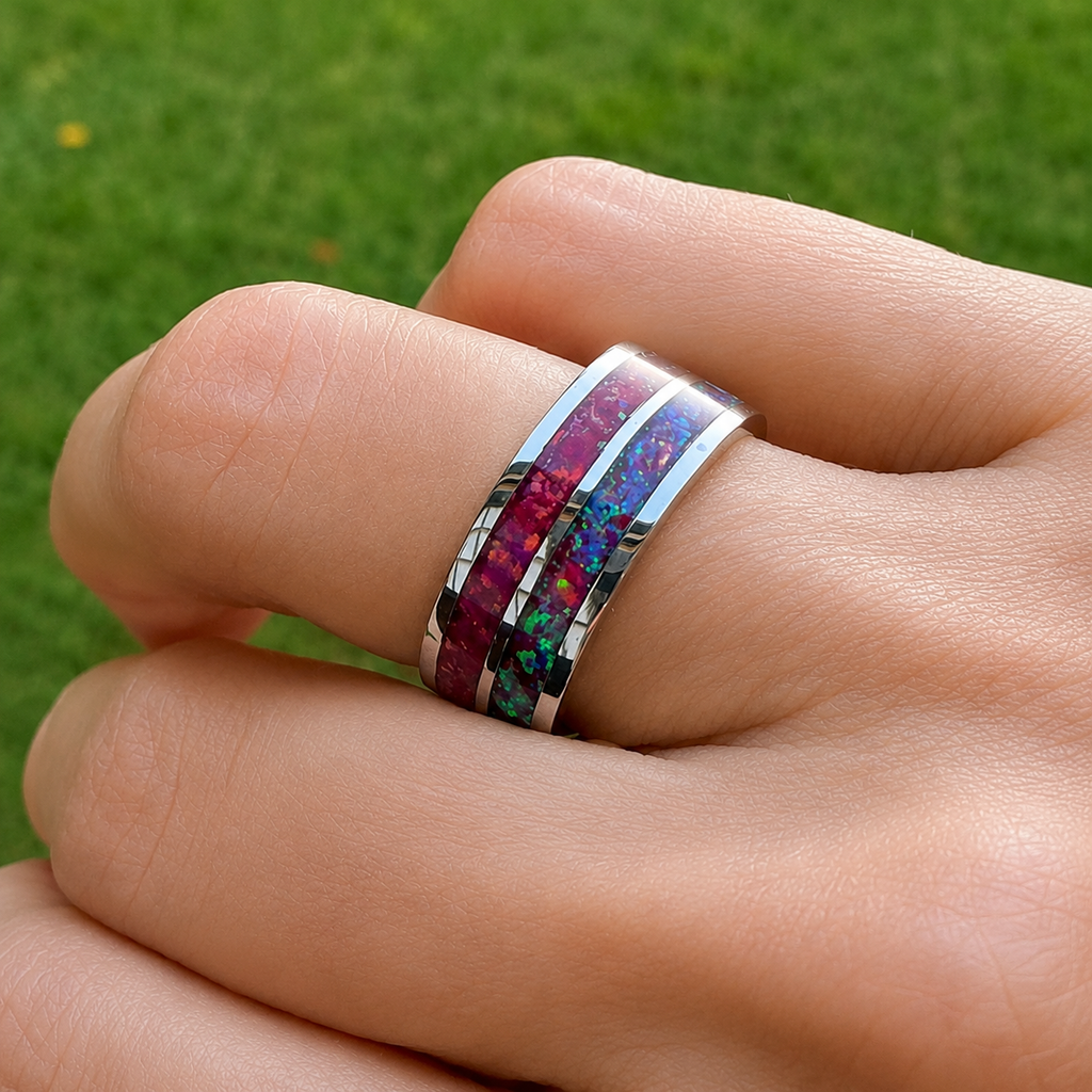 Duality stainless steel ring worn on a hand, featuring two customizable crushed opal inlay channels separated by polished steel.