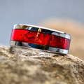 Sunrise Studio in Steel ring handcrafted from an original alcohol ink painting, featuring deep ruby red and gold tones beneath a clear finish.