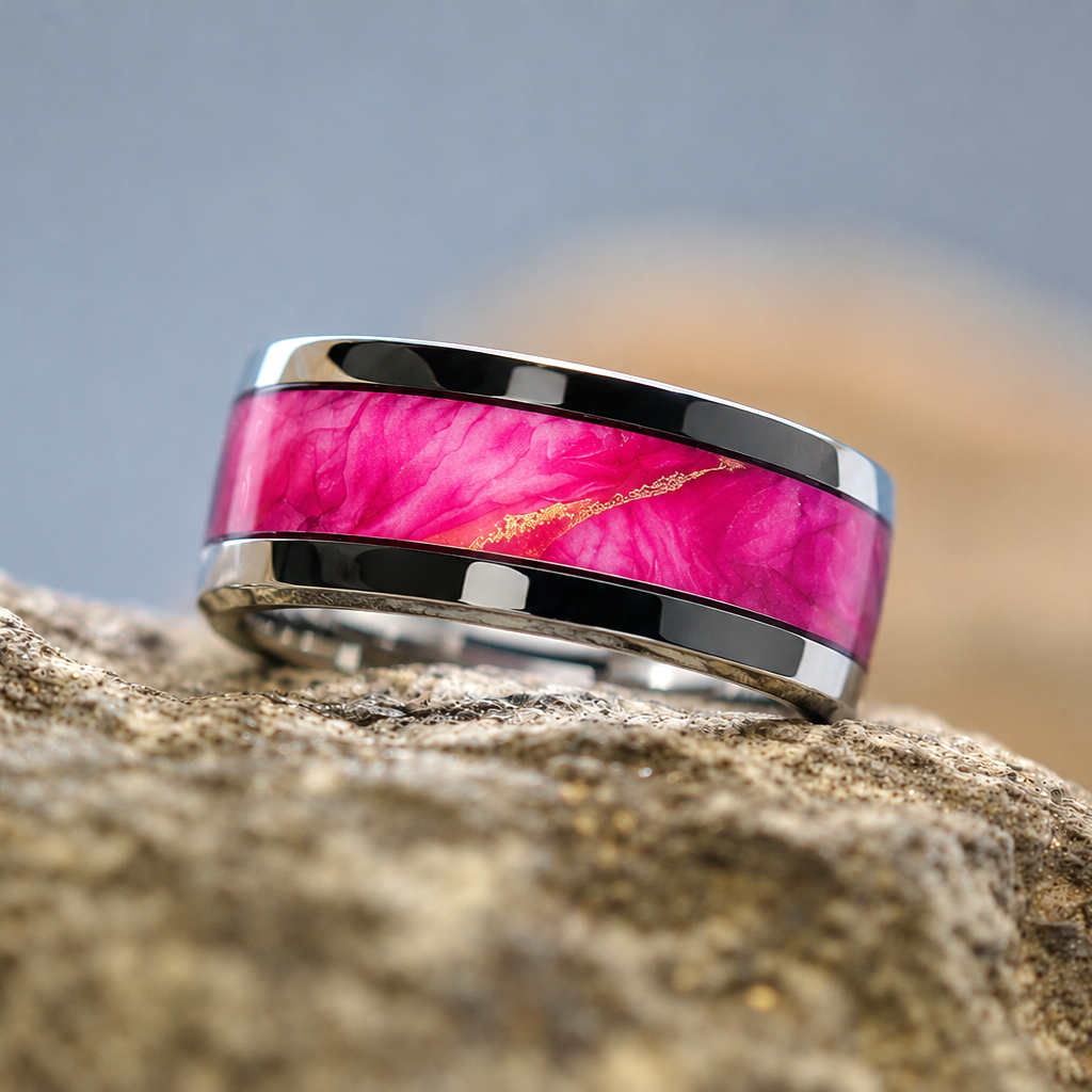 Sunrise Studio in Steel ring handcrafted from an original alcohol ink painting, featuring vibrant pink, rose, and golden sunrise tones beneath a crystal-clear finish.