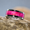 Sunrise Studio in Steel ring handcrafted from an original alcohol ink painting, featuring vibrant pink, rose, and golden sunrise tones beneath a crystal-clear finish.