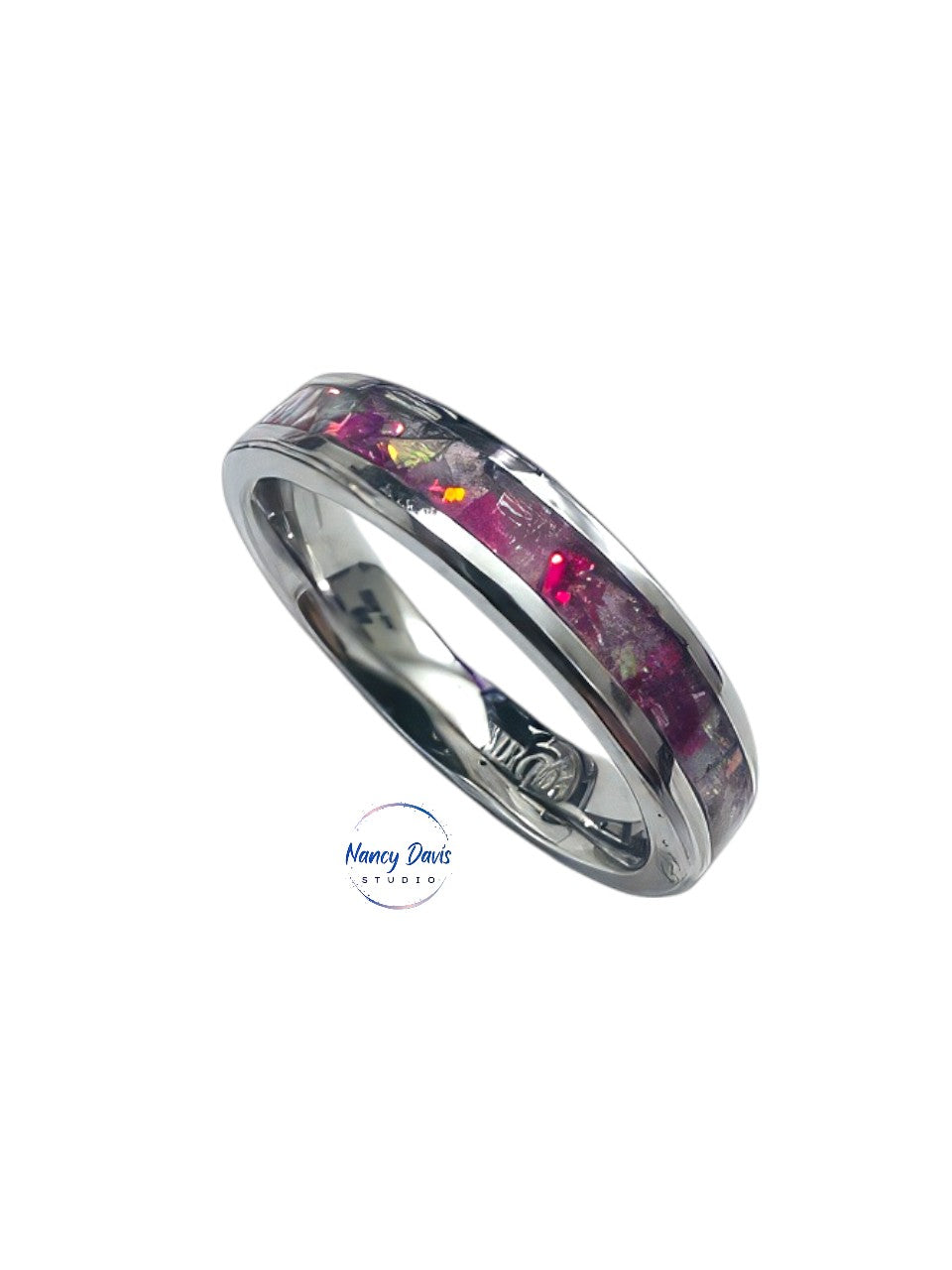 Deep pink and milky white opal mix set into a smooth, gleaming silver band ring