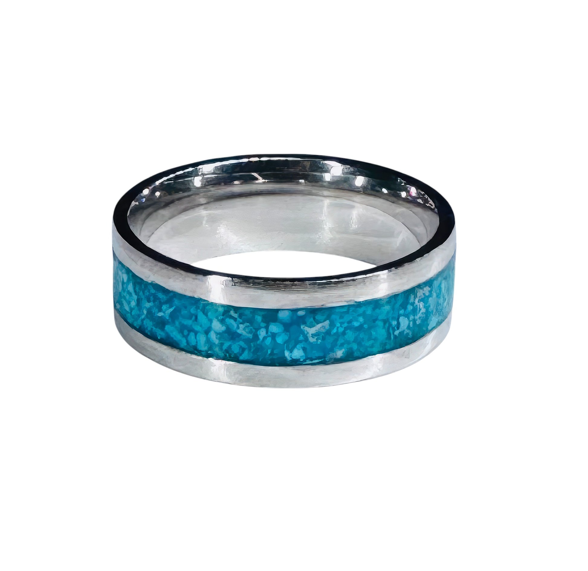 Genuine turquoise chips set into a gleaming silver band ring