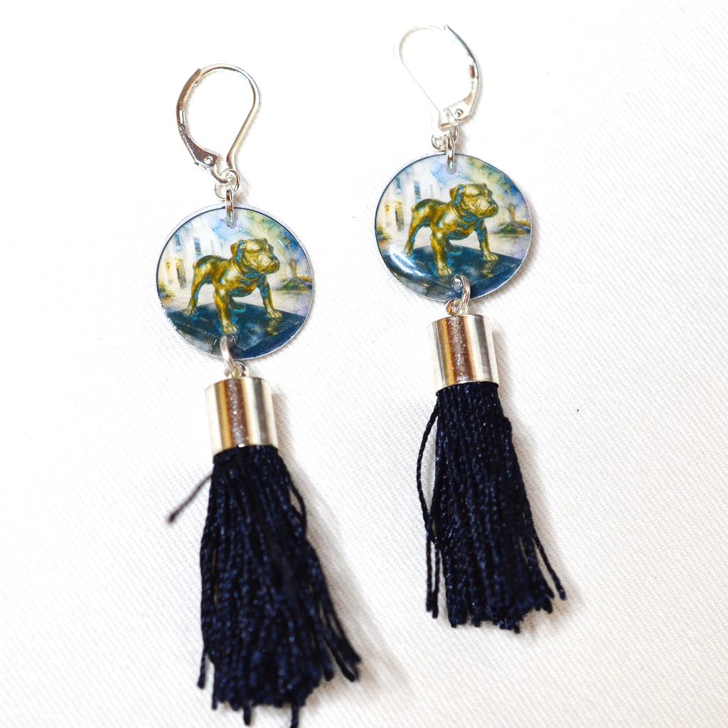Bulldog Statue Citadel earrings with silver-capped tassels