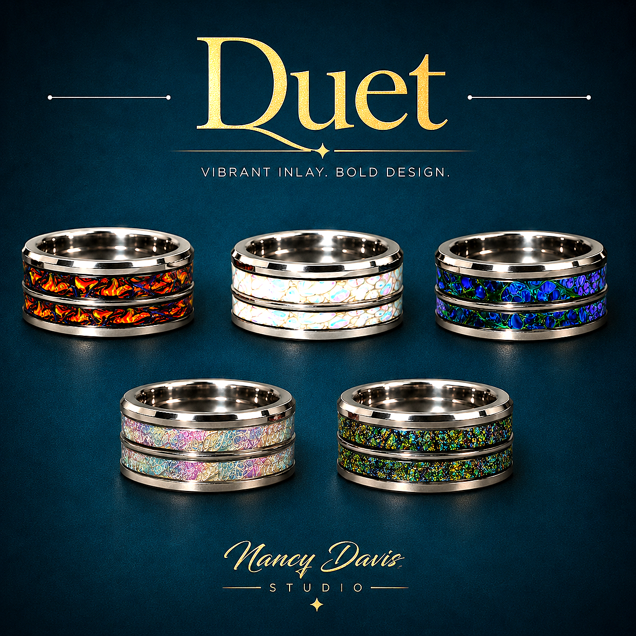 Lumina Duet double-channel stainless steel ring featuring handmade dichrolam inlay in six colors