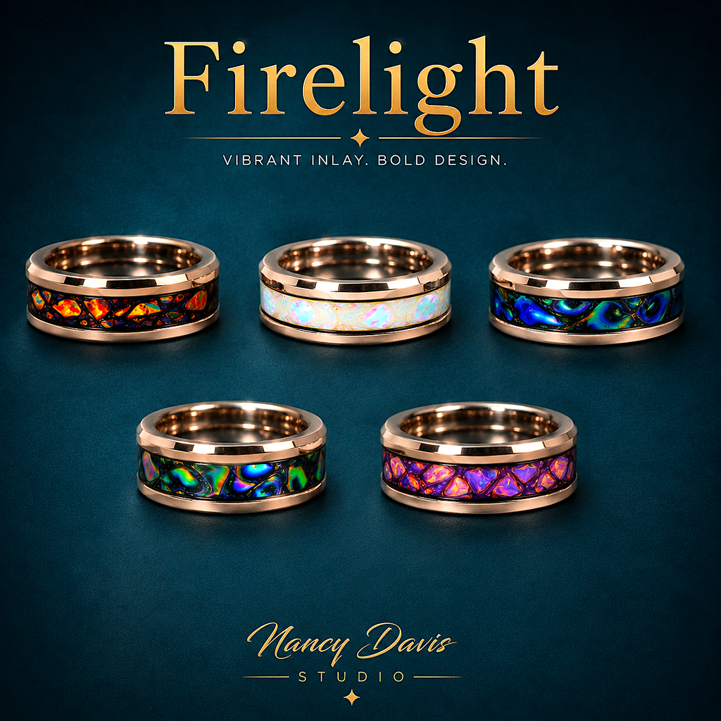 Lumina Firelight rose gold plated tungsten ring with colorful dichrolam inlay handmade by Nancy Davis Studio