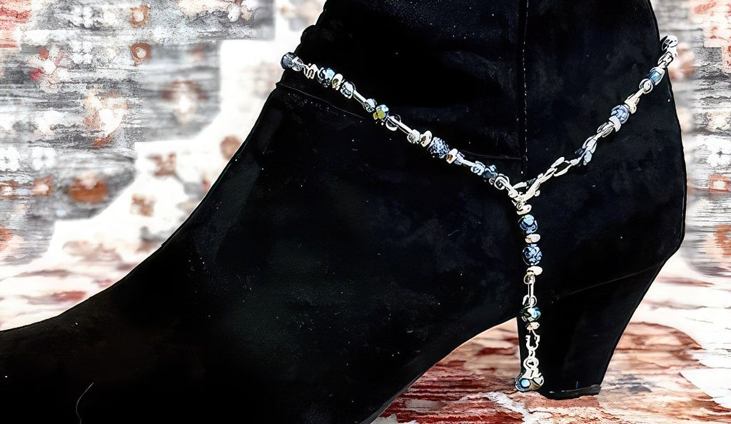 Decorative blue and silver beaded chain for a boot