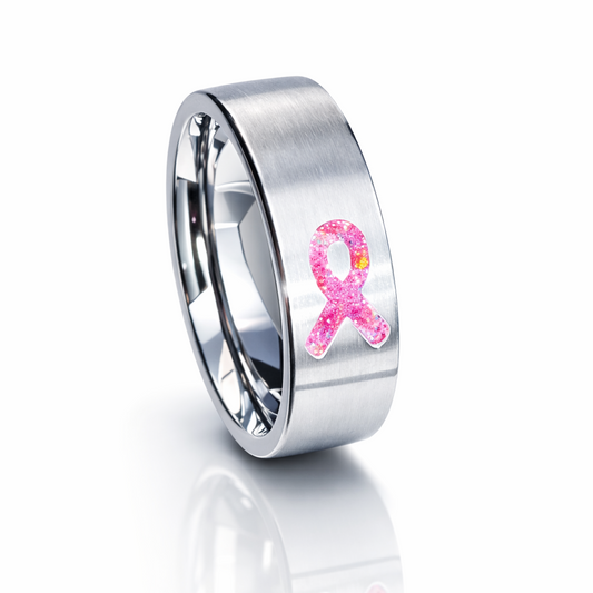 Handmade titanium awareness ribbon ring featuring a pink crushed opal ribbon in a brushed titanium comfort-fit band.