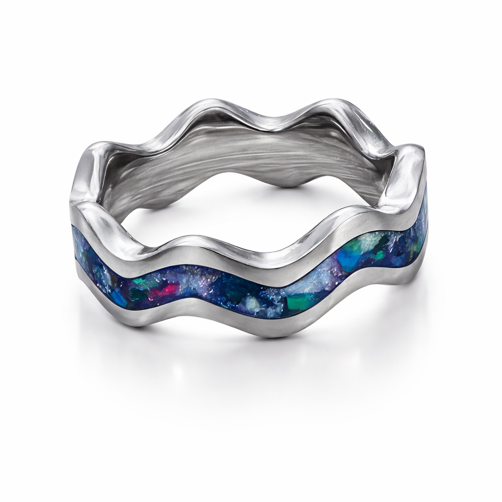Wave-inspired titanium stackable ring featuring a shimmering crushed opal inlay beneath a crystal-clear finish.