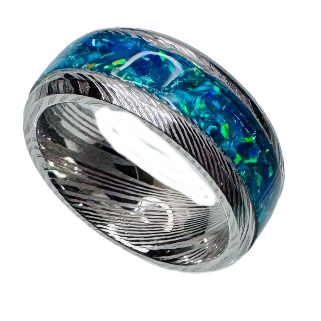 Damascus Steel Opal Inlay Ring