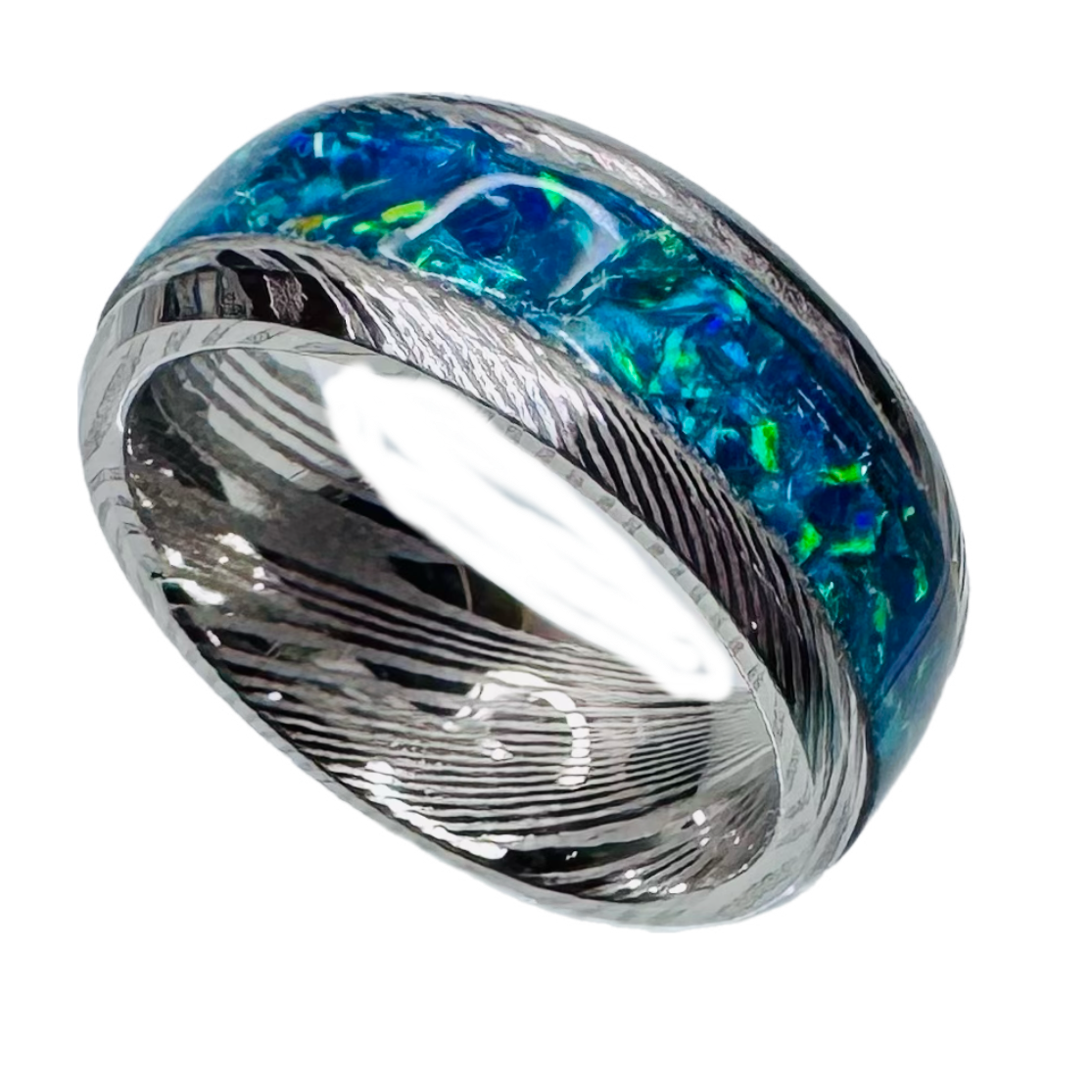 Damascus Steel Opal Inlay Ring