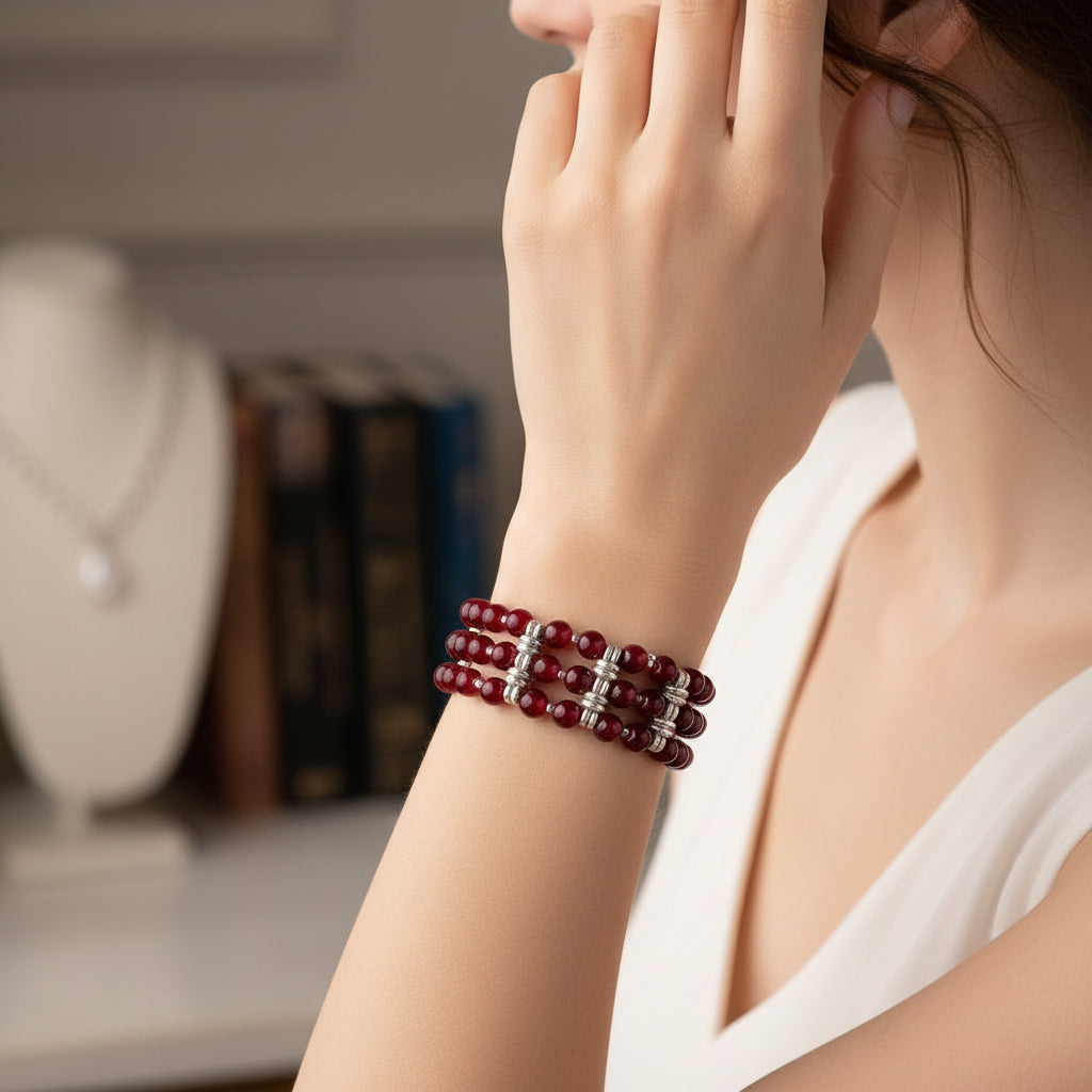 Crimson Rhythm Memory Wire Bracelet