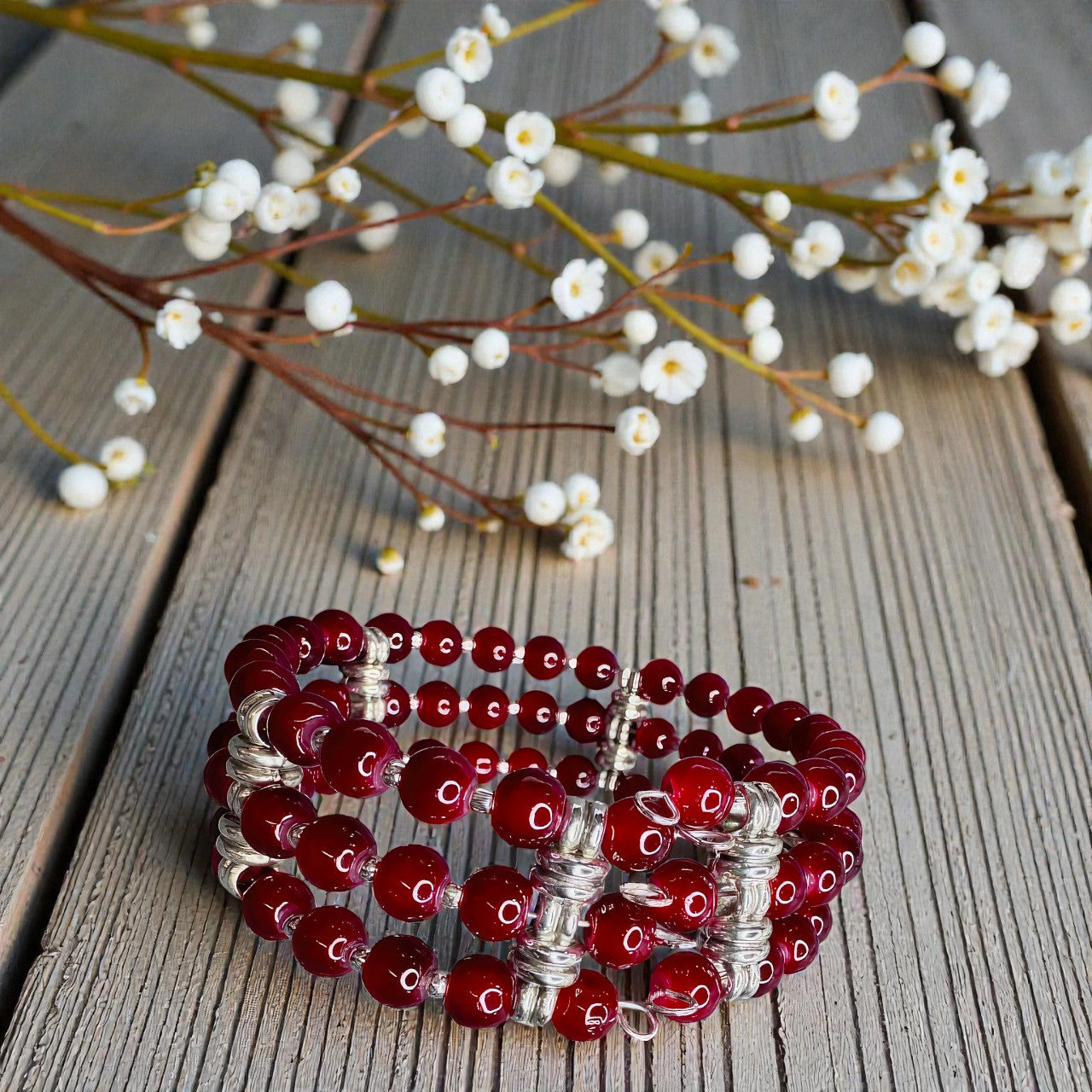 Crimson Rhythm Memory Wire Bracelet