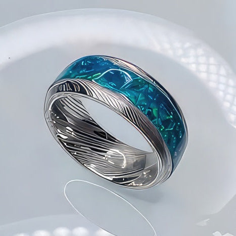 Damascus Steel Opal Inlay Ring