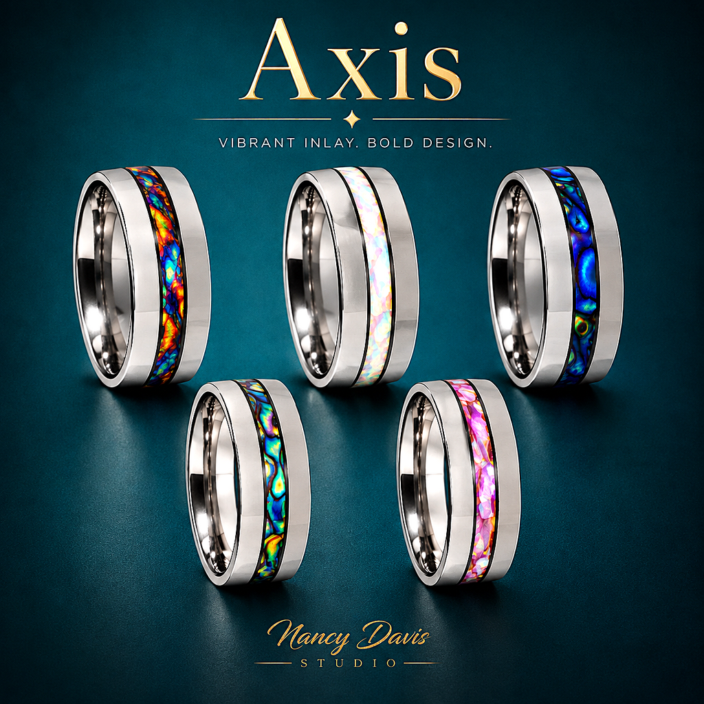 Lumina Axis handmade stainless steel ring with color-shifting dichrolam inlay available in six kaleidoscope colors