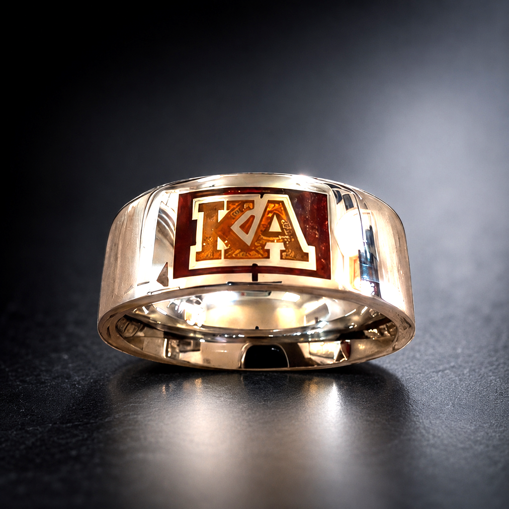 Official Kappa Alpha Order handcrafted 8mm stainless steel fraternity ring with laser-cut KA letters and crimson and gold inlay