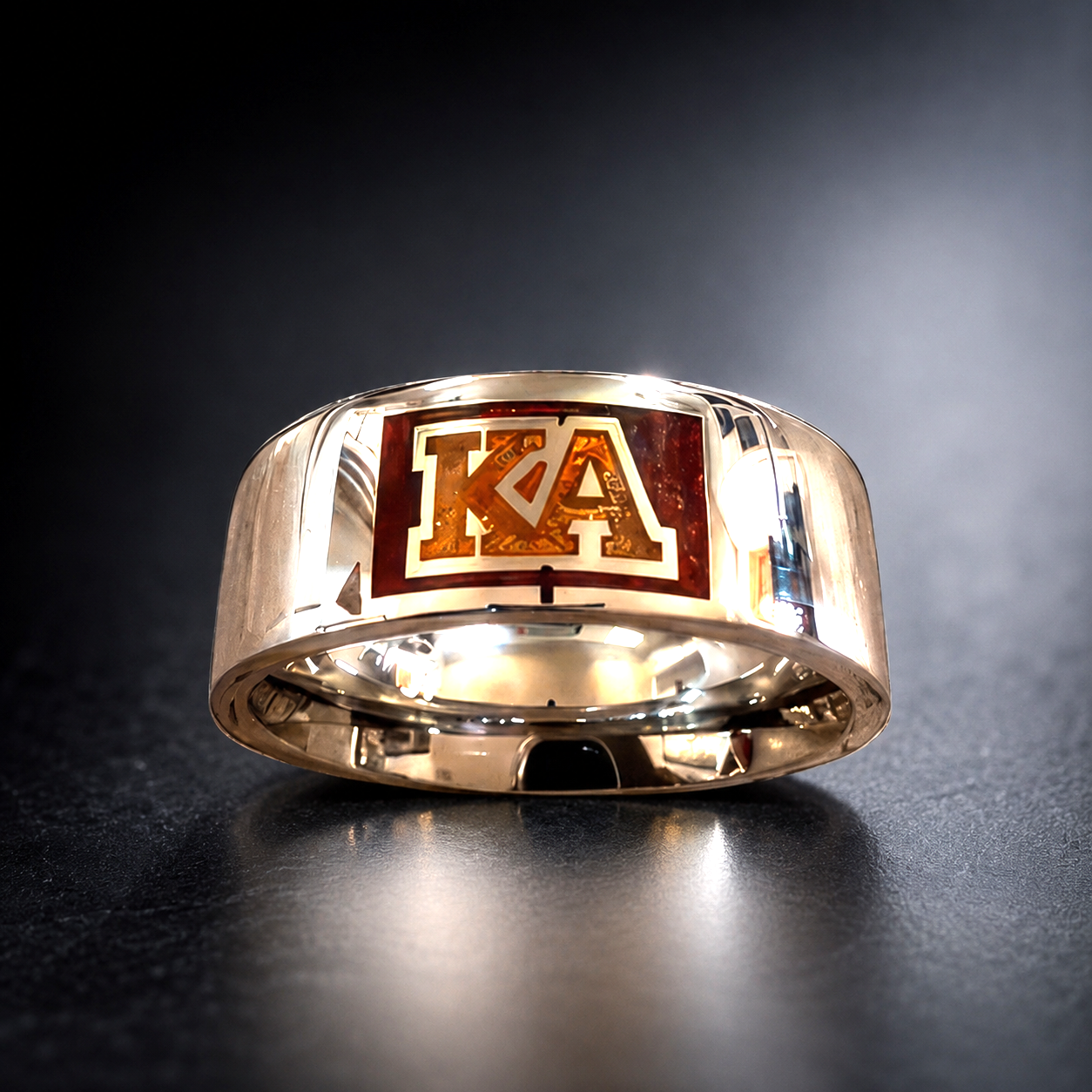 Official Kappa Alpha Order handcrafted 8mm stainless steel fraternity ring with laser-cut KA letters and crimson and gold inlay