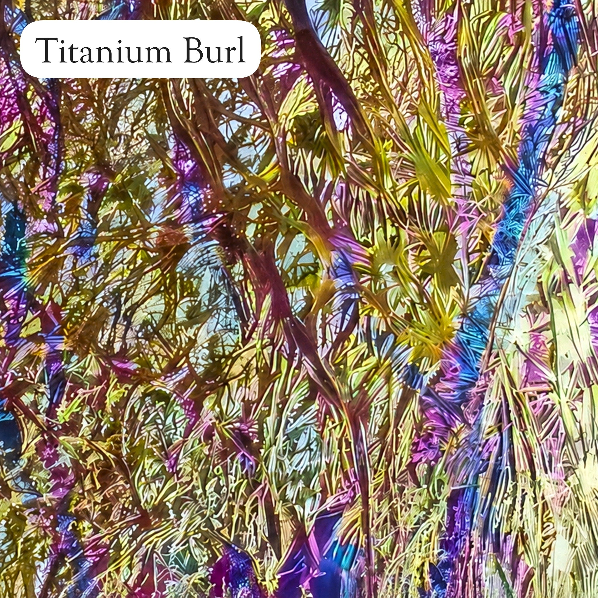 Titanium Burl dichrolam inlay with gold, purple and green iridescent burl pattern for Lumina Kaleidoscope Ring