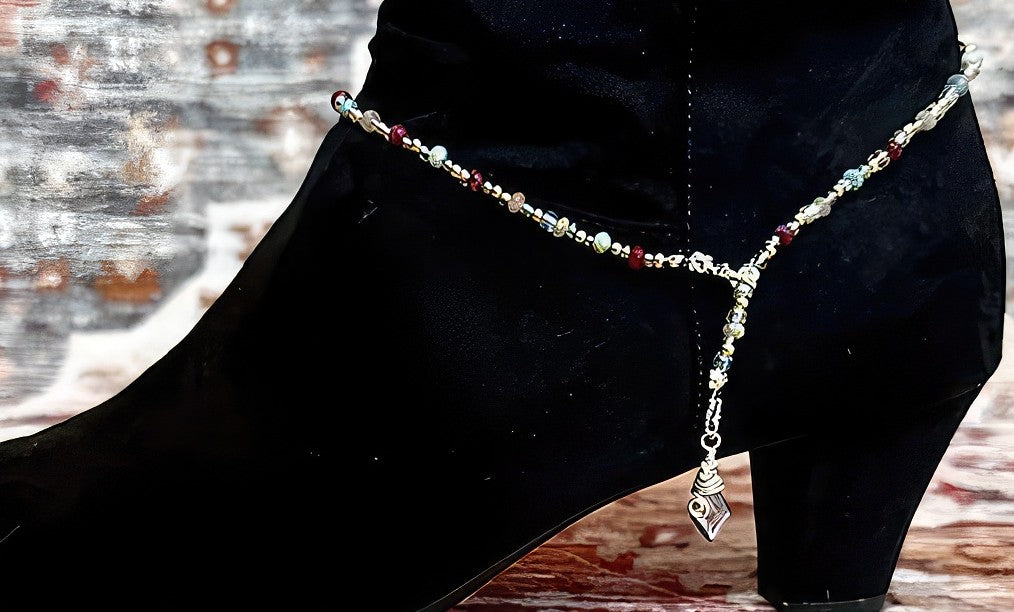 Beaded shoe charm with red, clear and silver beads