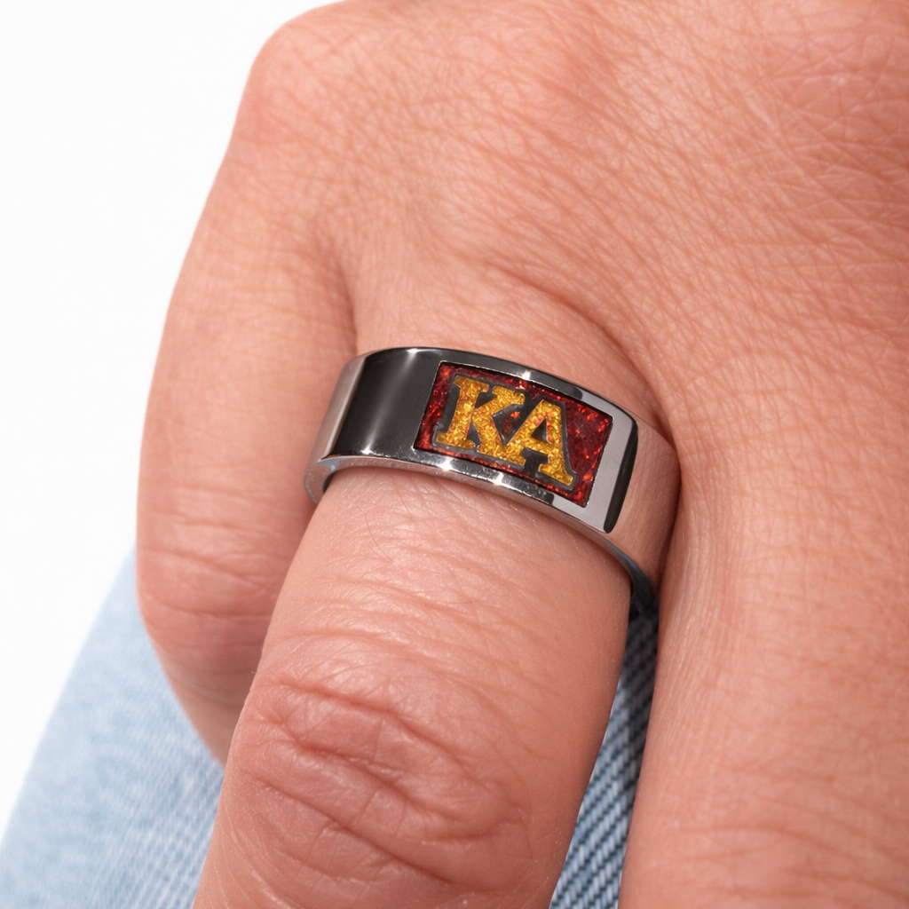 Official Kappa Alpha Order handcrafted 8mm stainless steel fraternity ring on a hand