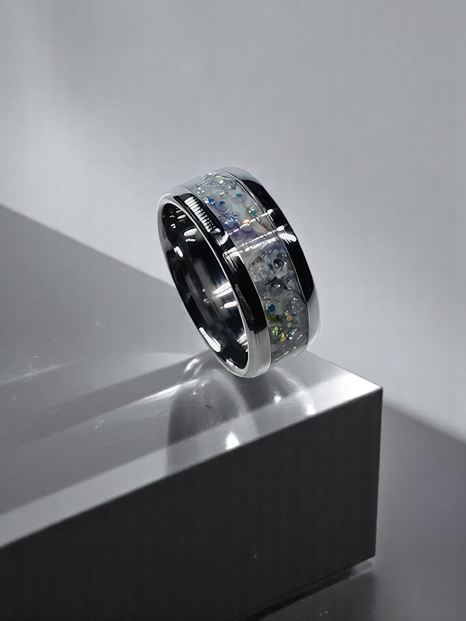 Crushed sky blue and white opals with tiny clear rhinestones in a super shiny band ring