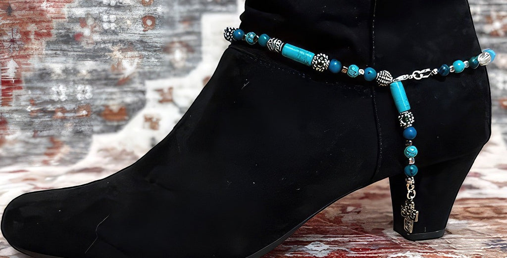 Turquoise beaded ankle strap on a boot