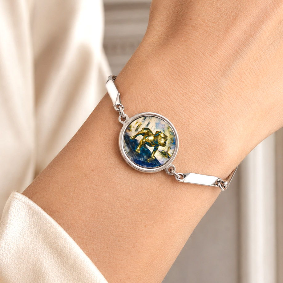 Bulldog Statue Citadel bracelet with sculptural surgical stainless steel links, on a model