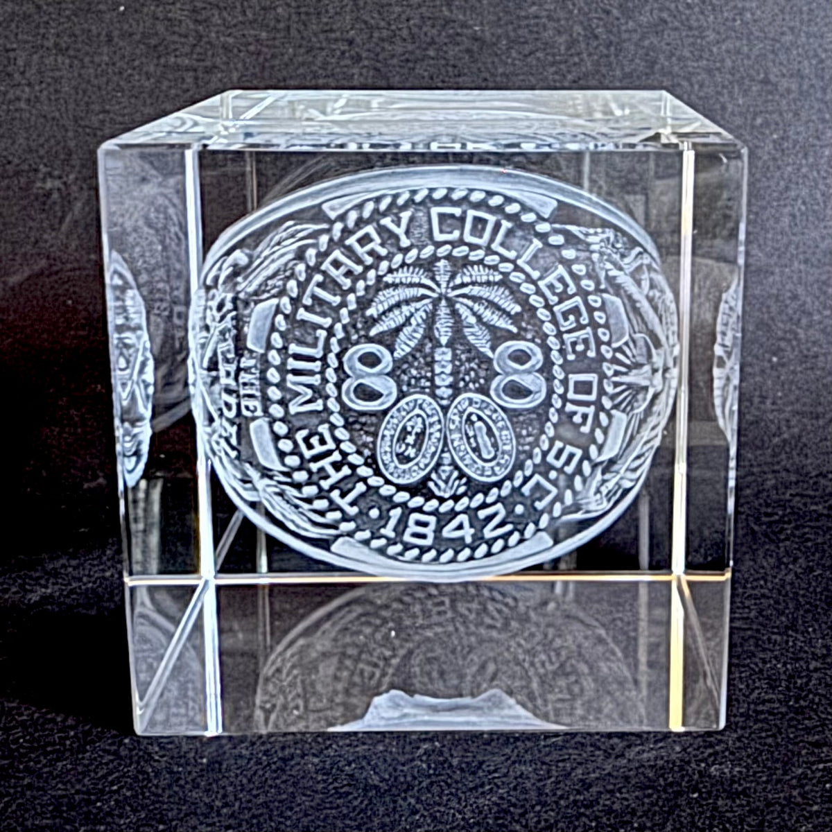 The Citadel ring bezel inner engraved in a 2-inch square crystal, Class of 1988 example