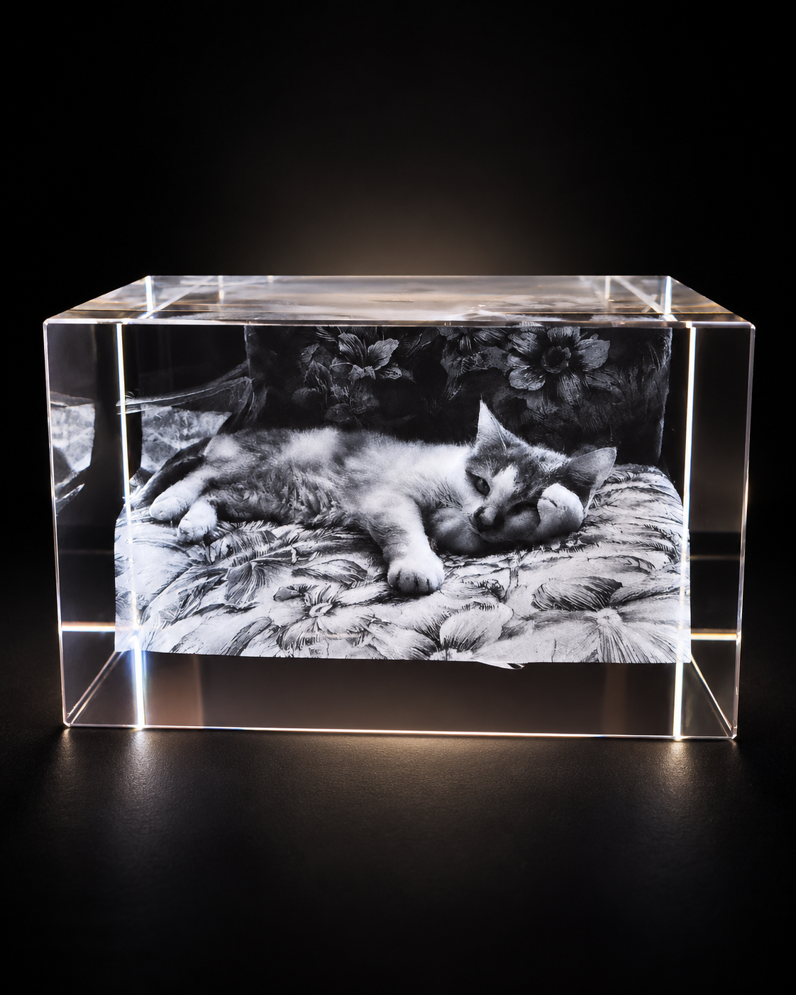Personalized engraved photo crystal with sleeping kitten