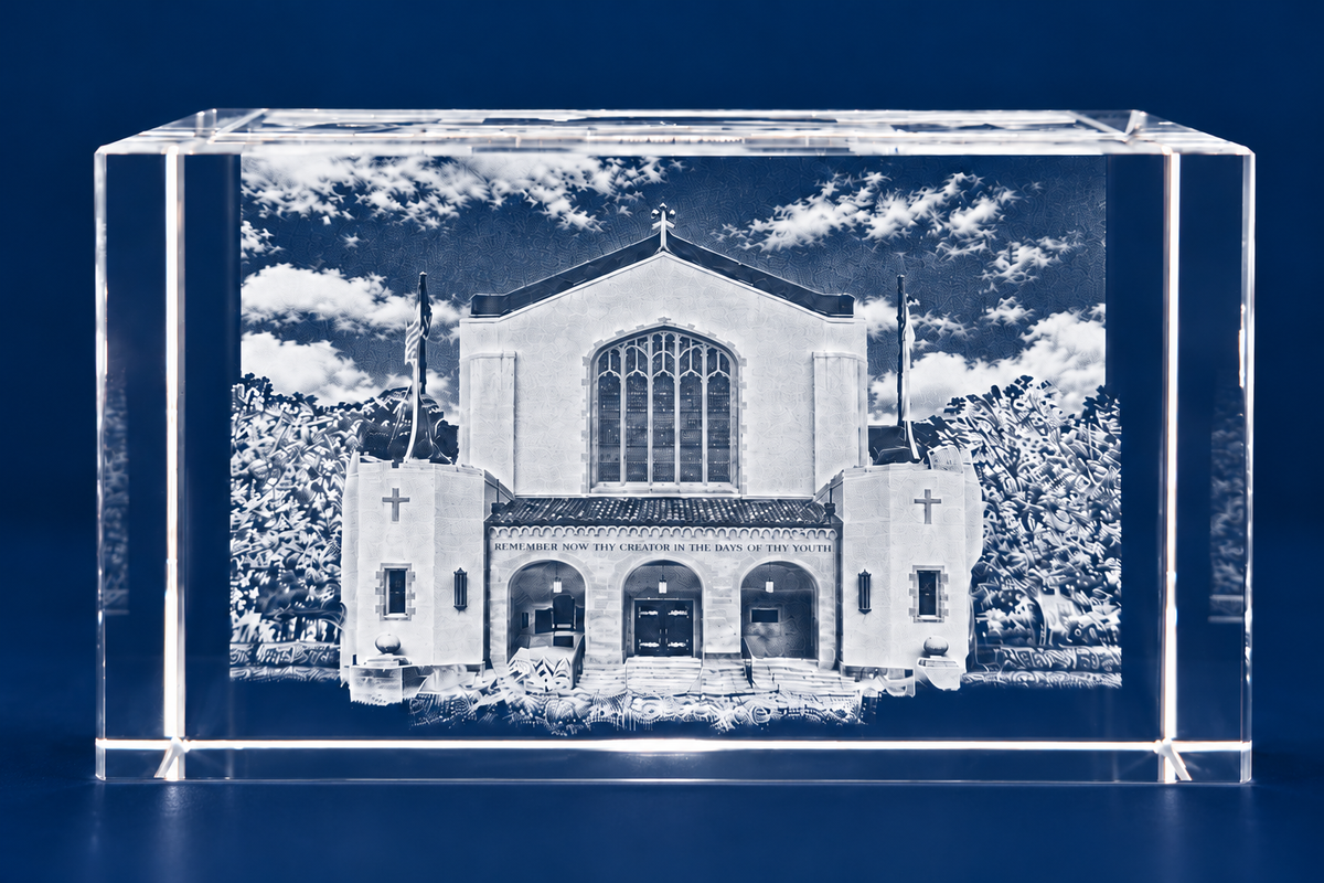 Summerall Chapel Crystal – Scenic, with sky and trees engraved inside optical crystal